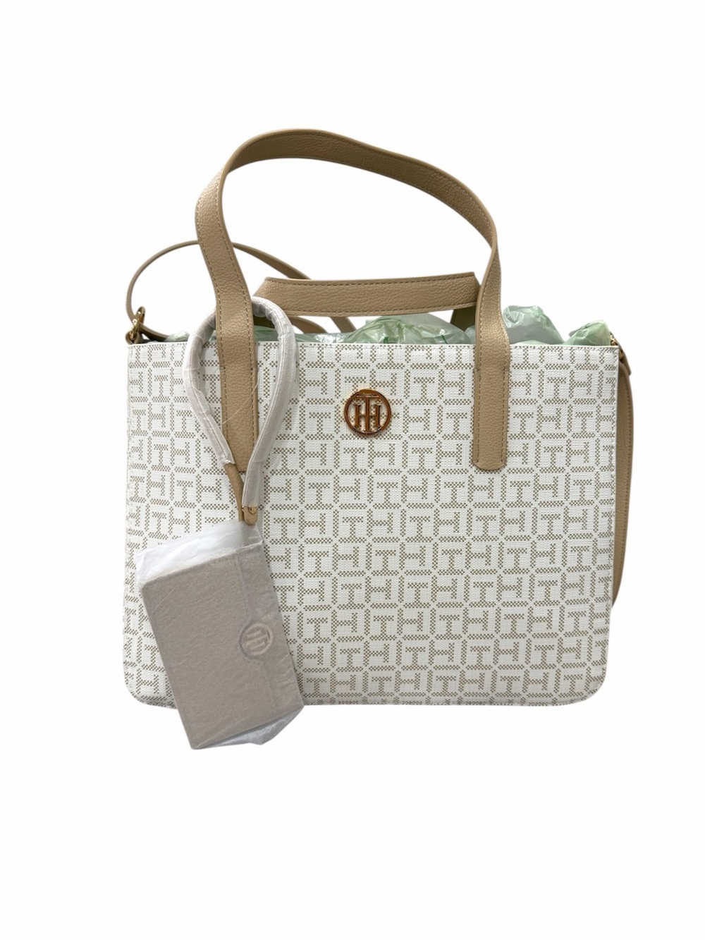 Tommy Hilfiger White & Tan Logo Tote with Charm